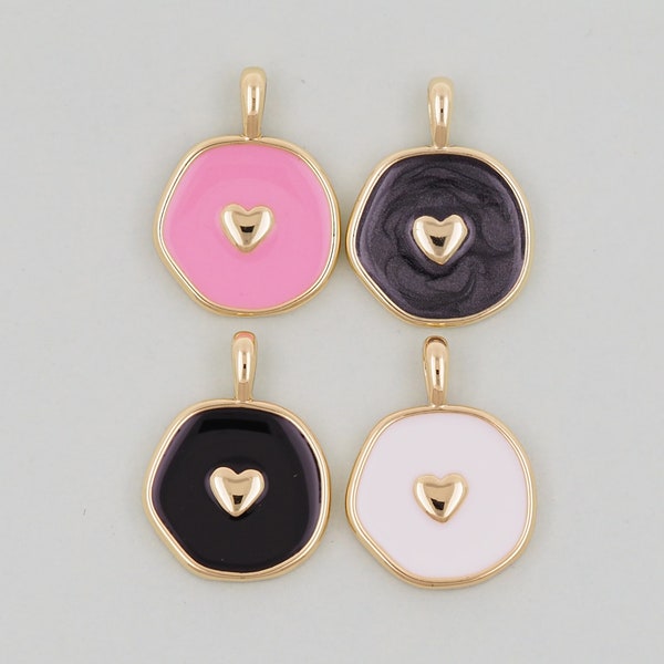 18K Gold Filled Heart Pendant,Enamel Heart Charm Bracelet Necklace for DIY Jewelry Making Supply