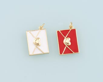 18K Gold Filled Love Letter Pendant,Enamel Heart Envelope Charm Bracelet Necklace for DIY Jewelry Making Supply