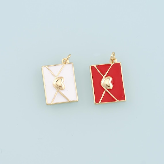 18K Gold Filled Love Letter Pendant,Enamel Heart Envelope Charm Bracelet Necklace for DIY Jewelry Making Supply