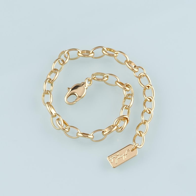 May include: Gold-colored chain extender with a lobster clasp and a small rectangular tag. The chain is composed of oval links. The tag has a script logo. The extender is designed to lengthen necklaces or bracelets.