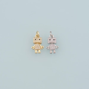 18K Gold Filled Robot Pendant,CZ Micro Pave Robot Charm Bracelet Necklace for DIY Jewelry Making Supply