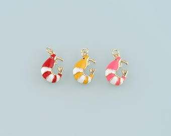 Gold Ocean Charms,18K Gold Filled Shrimp Pendant,Enamel Shrimp Charm Bracelet Necklace for DIY Jewelry Making Supply
