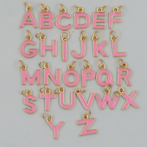 Gold letter Charms,18K Gold Filled letter Pendant,Pink enamel initial Charm Bracelet Necklace for DIY Jewelry Making Supply