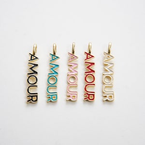 Gold &quot;Amour&quot; Charms,18K Gold Filled Enamel Amour Pendant,Amour Charms Bracelet Necklace for DIY Jewelry Making Supply (6x36mm)