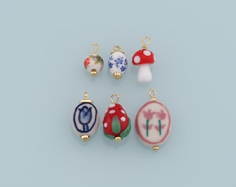 Gold Ceramics Charms,Ceramics Glass Mushroom Pendant,Flower Charm Bracelet Necklace for DIY Jewelry Making Supply