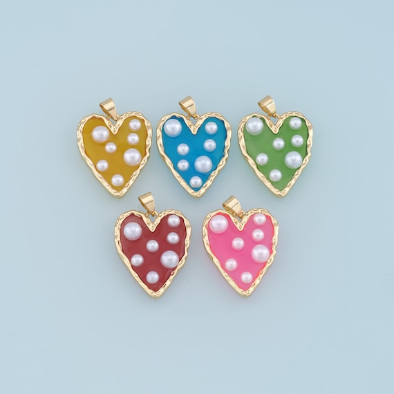Gold Heart Pearl Charms,18K Gold Filled Clear Enamel Heart Pendant,Color Heart Charm Bracelet Necklace for DIY Jewelry Making Supply