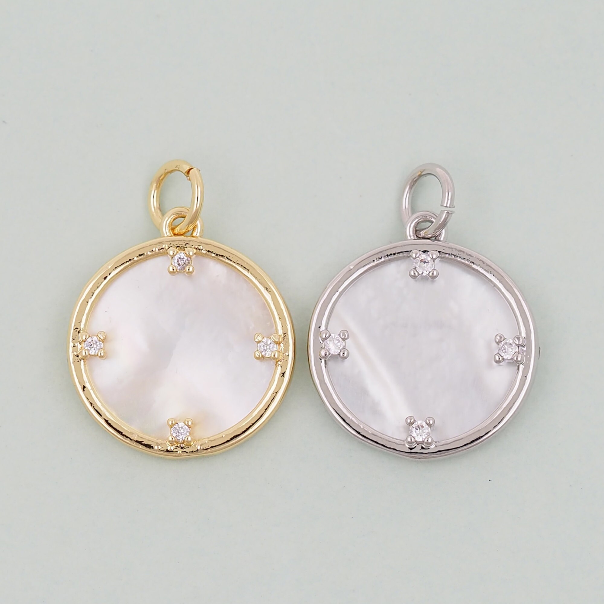 Gold Round Charms,18K Gold Filled Round Pendant,White Shell Round Charm Bracelet Necklace for DIY Jewelry Making Supply