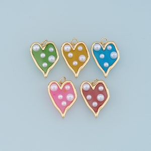 Gold Heart Pearl Charms,18K Gold Filled Clear Enamel Heart Pendant,Color Heart Charm Bracelet Necklace for DIY Jewelry Making Supply