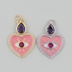 Ciondoli a forma di cuore rosa con occhio malvagio, ciondolo a forma di cuore riempito in oro 18 carati, collana con ciondolo a forma di occhio di cuore per la creazione di gioielli fai da te