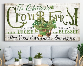 Personalized Clover Farm Sign, St. Patrick's Day Sign, Saint Patrick's Decor, Rustic Shamrock Design, Farmhouse Wall Art, Large Canvas Print