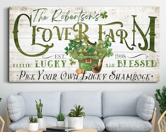 Personalized Clover Farm Sign, St. Patrick's Day Sign, Saint Patrick's Decor, Rustic Shamrock Design, Farmhouse Wall Art, Large Canvas Print