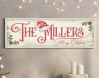 Personalized Christmas Family Name Sign, Merry Christmas Sign, Holiday Winter Decor, Vintage Christmas Santa Hat Wall Art, Rustic Xmas Décor