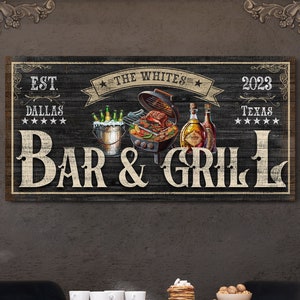 Custom Bar & Grill Sign, Backyard BBQ Wall Art, Rustic Patio Wall Decor, Modern Farmhouse Wall Hanging, Kitchen Decor, Outdoor Canvas Print