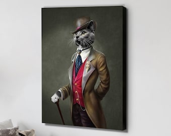Custom Pet Portrait,Pet Portrait,Custom Old Fashion Tuxedo Cat Canvas,Cat Suit Custom Portrait,Wallart Portrait,Dog Portrait,Cat Portrait