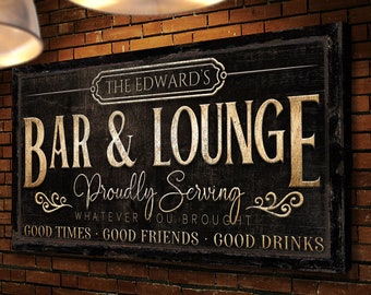 Personalized Bar & Lounge Sign, Vintage Home Bar Pub Sign, Family Last Name Sign, Basement Garage Man Cave Decor, Farmhouse Canvas Wall Art