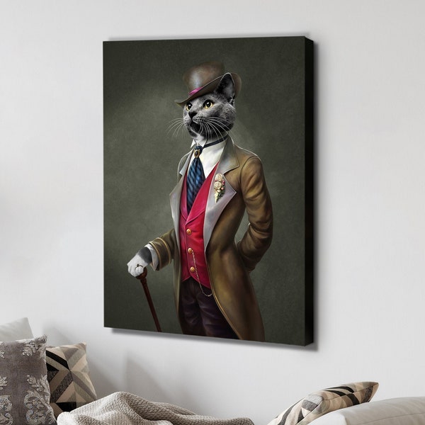 Custom Pet Portrait,Pet Portrait,Custom Old Fashion Tuxedo Cat Canvas,Cat Suit Custom Portrait,Wallart Portrait,Dog Portrait,Cat Portrait