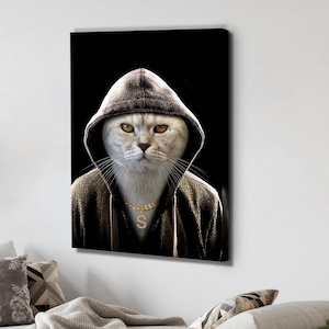 Pet Portrait,Custom Pet Portrait,Custom Cute Cat Art From Photo,Gangster Cat with Necklace,Personalized Bad Boy Cat Portrait,Singer Cat