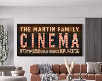 Gepersonaliseerd thuisbioscoopbord, familietheaterbord, filmkamerdecor, rustiek bioscoopdecor, vintage boerderij kunst aan de muur, vintage canvas print