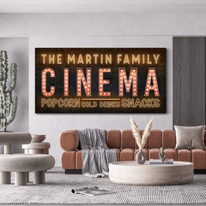 Personalized Home Cinema Sign, Family Theater Sign, Movie Room Decor, Rustic Cinema Decor, Vintage Farmhouse Wall Art, Vintage Canvas Print