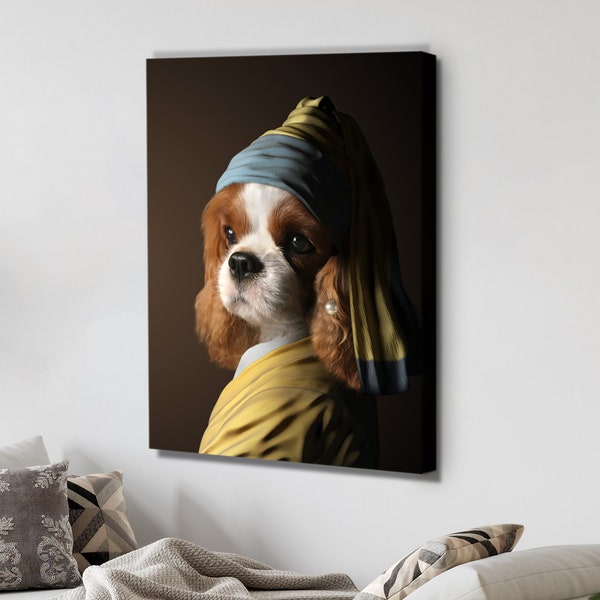 Custom Pet Portraits | Girl With A Pearl Earring Pet Portrait | Custom Dog Portrait | Canvas Wall Art | Dog Art | Pet Memorial|Pet Loss Gift
