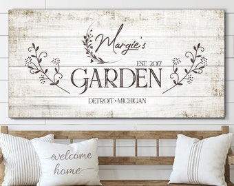 Personalized Garden Sign | Weathered Wood Look Canvas Print |Custom Family Name Sign Vintage Farmhouse Wall Decor|Rustic Fresh Flower Market