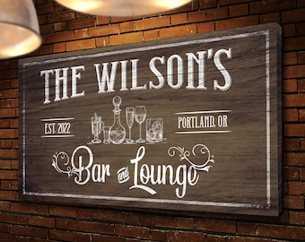 Personalized Bar & Lounge Sign, Bar Sign, Home Bar Decor, Rustic Pub Decor, Lounge Sign, Man Cave Sign, Farmhouse Wall Art, Canvas Print