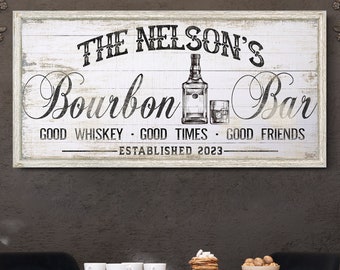 Personalized Bourbon Bar Sign, Family Name Bar & Lounge Sign, Man Cave Wall Art, Rustic Home Bar Decor, Pub Sign, Farmhouse Canvas Wall Art