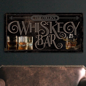 Personalized Whiskey Bar Sign, Man Cave Decor, Gift for Husband, Liquor Brewery, Rustic Home Bar and Lounge Decor, Farmhouse Canvas Wall Art