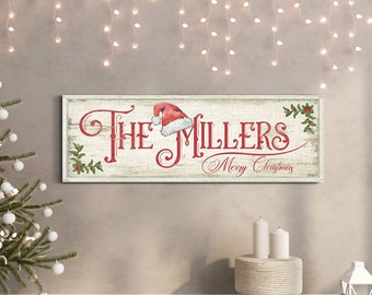 Personalized Christmas Family Name Sign, Merry Christmas Sign, Holiday Winter Decor, Vintage Christmas Santa Hat Wall Art, Rustic Xmas Décor