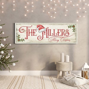 Personalized Christmas Family Name Sign, Merry Christmas Sign, Holiday Winter Decor, Vintage Christmas Santa Hat Wall Art, Rustic Xmas Décor