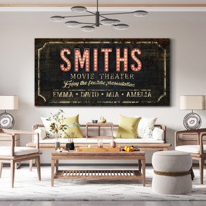 Custom Movie Theater Sign, Family Theater Lounge Sign, Movie Room Wall Decor, Vintage Theater Decor, Farmhouse Wall Art, Large Canvas Print