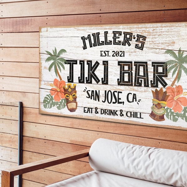 Personalisiertes Tiki Bar Schild | Personalisierte riesige Leinwand | Outdoor Hausbar Dekor | Eat Drink & Chill Schild | Hinterhof Schild | Neues Zuhause Geschenk