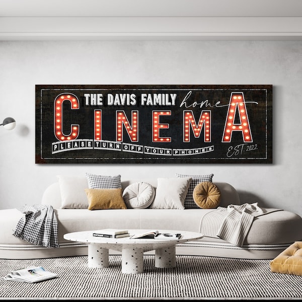Custom Home Cinema Sign, Family Theater Room Sign, Vintage Movie Room Decor, Rustic Cinema Decor, Farmhouse Wall Art, Large Canvas Print