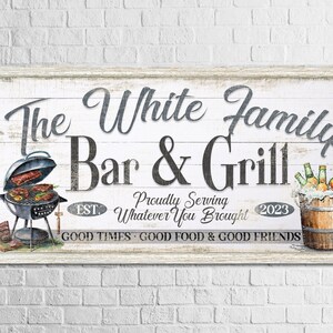 Custom Bar & Grill Sign, Personalized Family Home Wall Decor, Father&#39;s Day Gift, Rustic Backyard Patio Decor, Vintage Outdoor Canvas Print