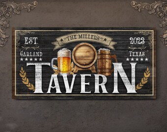 Personalized Tavern Sign, Custom Family Name Wall Decor, Bar Wall Art, Man Cave Lower Level Canvas Decor, Rustic Basement Bar Canvas Print