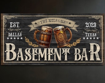 Custom Basement Bar Sign, Personalized Family Name Wall Art, Rustic Lower Level Decor, Retro Man Cave Decor, Modern Farmhouse Canvas Print