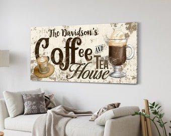 Personalized Coffee & Tea Sign, Coffee Bar Sign, Tea Co. Decor, Kitchen Decor, Vintage Cafe Sign, Farmhouse Wall Art, Rustic Canvas Print