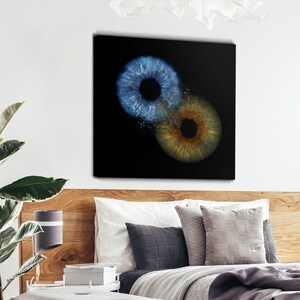 May include: Two abstract irises, one blue and one brown, on a black background. The irises are overlapping and appear to be dissolving into each other.