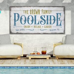 Può includere: Un cartello in legno bianco con testo blu e dorato che recita "The Brown Family Poolside Enjoy Relax Laugh Est. 2020 Austin, TX". Il cartello è appeso a una parete grigia sopra una piscina.