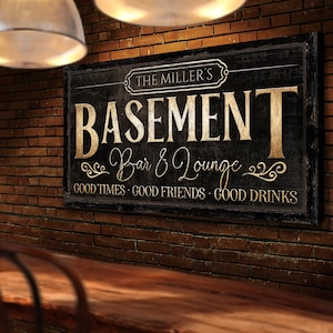 Personalized Basement Bar & Lounge Sign, Retro Home Bar Decor, Vintage Man Cave Sign, Rustic Bourbon Bar Decor, Farmhouse Garage Canvas Art