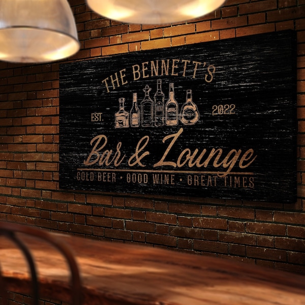 Personalized Bar & Lounge Sign, Home Bar Sign, Rustic Pub Decor, Family Name Sign, Man Cave Sign, Farmhouse Wall Decor, Large Canvas Print