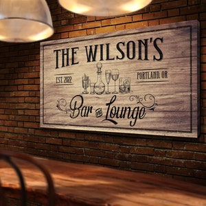 Personalized Bar & Lounge Sign, Bar Sign, Home Bar Decor, Rustic Pub Decor, Lounge Sign, Man Cave Sign, Farmhouse Wall Art, Canvas Print