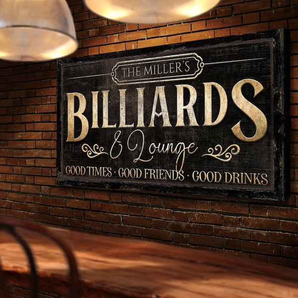 Personalized Billiards & Lounge Sign, Pool Hall Decor, Basement Man Cave Decor, Farmhouse Decor, Family Name Sign, Garage Game Room Decor