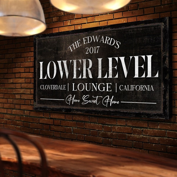 Personalized Lower Level Sign, Rustic Basement Bar Sign, Vintage Man Cave Sign, Movie & Game Room Lounge Decor, Farmhouse Canvas Wall Art