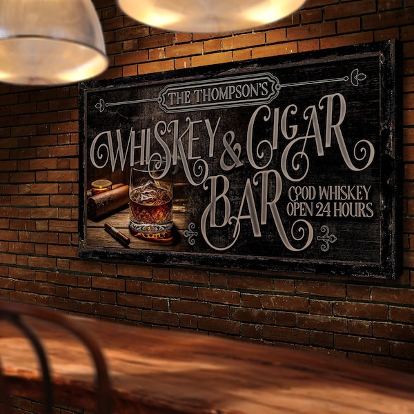 Personalized Whiskey & Cigar Lounge Sign, Custom Man Cave Wall Art, Cigar Lounge Sign, Bar and Lounge Decor, Vintage Home Bar Canvas Decor