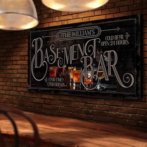 Personalized Basement Bar Sign, Vintage Home Bar & Pub Decor, Family Last Name Sign, Basement Garage Man Cave Decor, Farmhouse Canvas Art