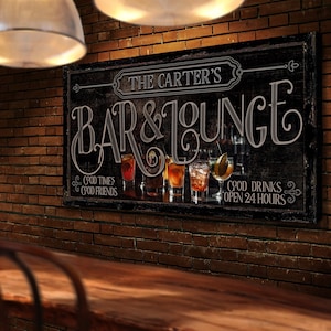 Personalized Bar & Lounge Sign, Home Bar Sign, Rustic Pub Decor, Family Name Sign, Man Cave Sign, Farmhouse Wall Decor, Large Canvas Print