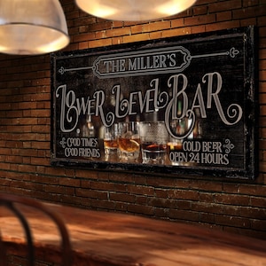 Personalized Lower Level Bar Sign, Basement Bar Sign, Vintage Man Cave Sign, Movie & Game Room Lounge Decor, Farmhouse Canvas Wall Decor