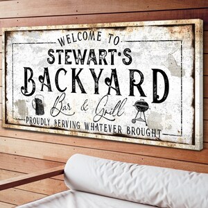 Personalized Bar & Grill Sign | Backyard Wall Decor | Large Outdoor Canvas | Rustic Vintage Patio Sign | Modern Farmhouse Bar and Grill Sign