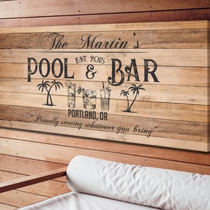 Custom POOL & BAR Sign | Personalized Huge Canvas | Custom Outdoor Wall Decor | Custom Wooden Background Canvas Print | Personalize Bar Sign